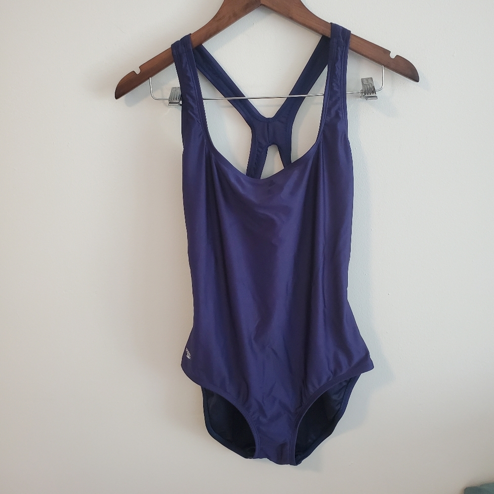 Navy blue speedo one piece swimsuit athletic size 14 logo cross straps